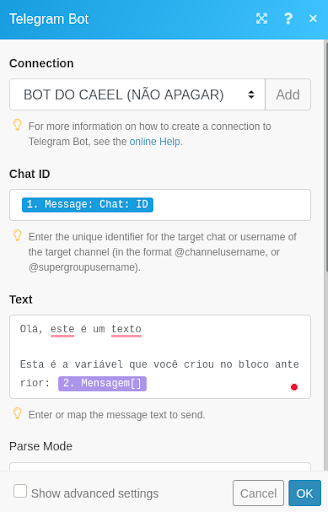 Configurando o bloco Telegram