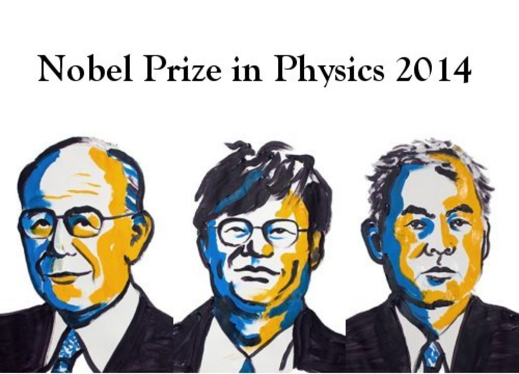 Representação de Isamu Akasaki, Hiroshi Amano e Shuji Nakamura, ganhadores do Nobel de 2014